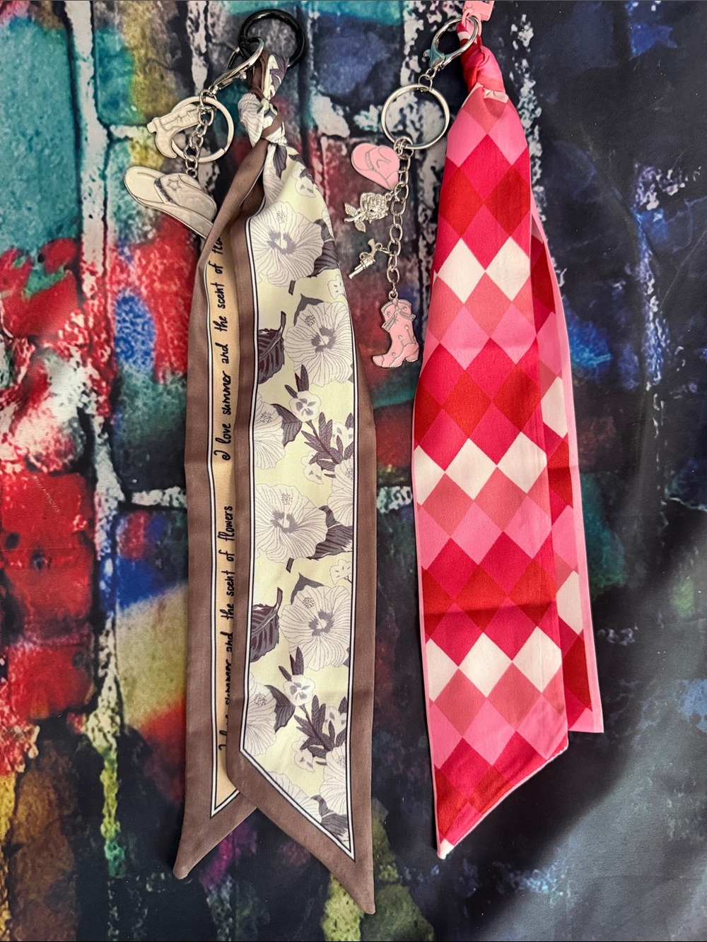 Stylish Pink Argyle & Floral Scarf Keychain Set